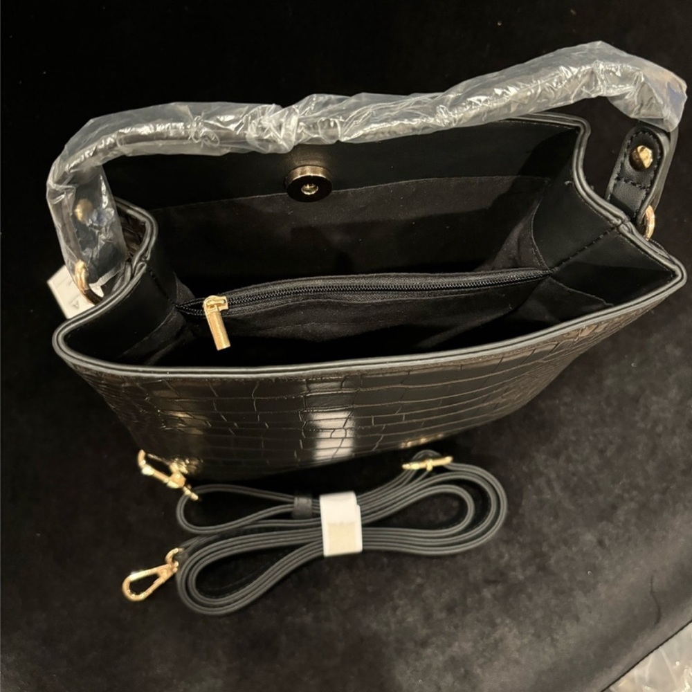 AOTA Elena Black Vegan Leather Croc Embossed Bucket Bag & Crossbody • NWT - Picture 9 of 16